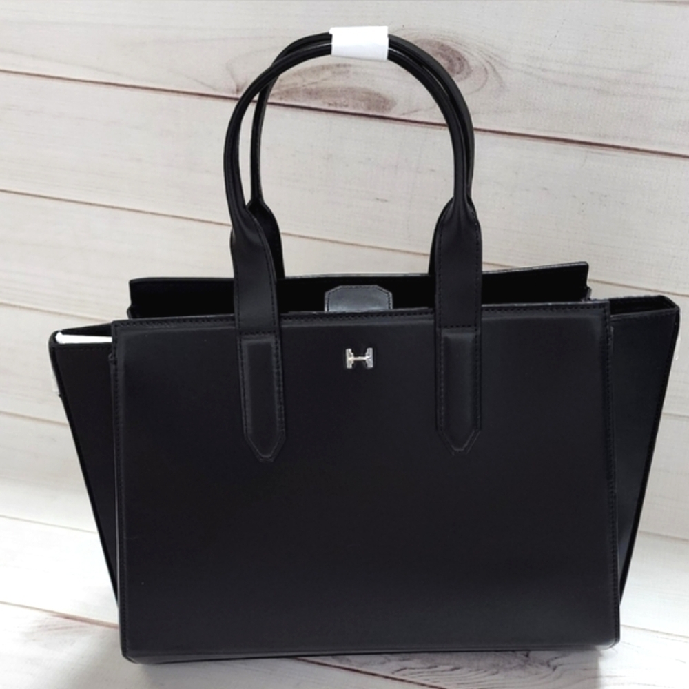 Halston Black Italian Leather Tote Handbag Large Structured Satchel $495 Retail - Picture 2 of 15